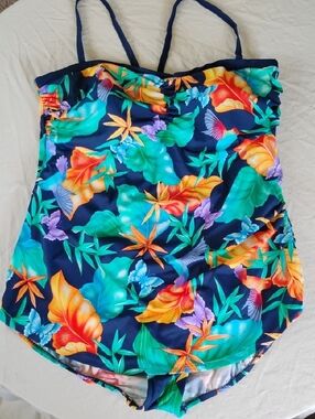 3X Swimsuit By Catalina Suddenly Slim Navy Background With Tropical Hummingbirds